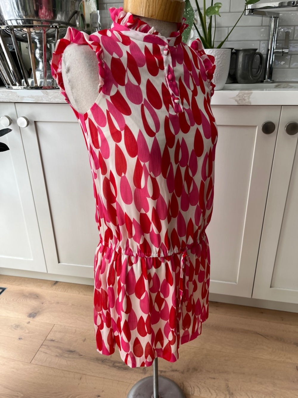 Sleeveless Pink & Red Patterned Mini Dress with Ruffle Collar and sleeve caps - Picture 6 of 11
